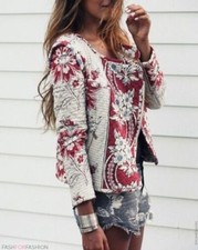 ZARA BLAZER PRINTED FLORAL QUILTED CARDIGAN WHITE RED JACKET BLOGGERS XS UK 6