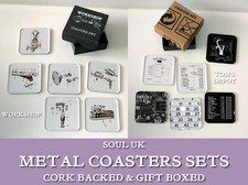 6 UNTERSETZER SET Metall Top Kork Rückseite TOM'S DEPOT / WORKSHOP Diagramme MANN CAVE WEIHNACHTEN