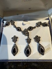 Vintage schwarzer Onyx Marquesit Art Deco Sterlingsilber Halskette & Ohrring Set 925