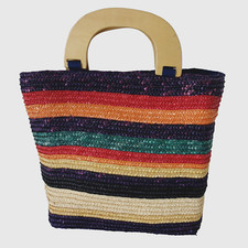 Bast Tasche Handtasche Strandtasche bunt mit Holzgriff 70er Jahre Vintage