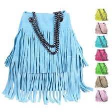 ITAL DAMEN LEDER TASCHE Fransen Umhängetasche Schultertasche Kette Bag Wildleder