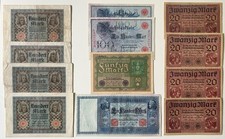 Lot Reichsbanknoten 1908 - 1920 + Darlehenskassenscheine 1918 - 12 Banknoten