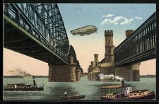 Ansichtskarte Dirschau / Tczew, Luftschiff über den Weichselbrücken 1914 