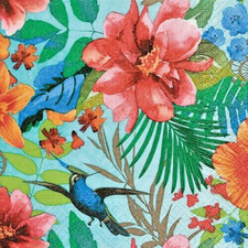 4 Servietten -  Blauer Kolibri Vogel Blumen Blüten -  tropical paradise