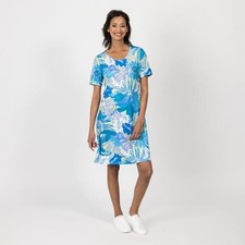 Kleid blau 50 52 FASHION NEWS Damen Wende-Kleid Blätter-/ Fantasie-Druck C75