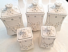 Vorratsbehälter mit Deckel aus  Porzellan und Glassteinen, 5 er Set, Farbe: Weiß