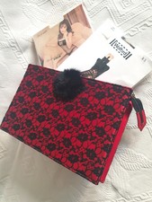 RIPANI Vintage DESSOUS STRUMPFTASCHE Rot SATIN + SPITZE + NERZ Handtasche CLUTCH