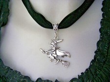 Hexen Kette Ohrringe SET Samtband Hexe auf Besen Hexenhut Karneval Kostüm