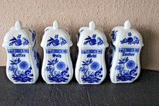 4 Vintage Porzellan Vorratsdosen blau/weiß"Kaffee,Salz,Zucker,Mehl"