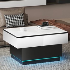 Couchtisch mit LED Beleuchtung Beistelltisch 2 Stauraum für Wohnzimmertisch Weiß