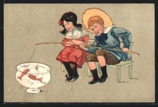 Kinder Angeln in Goldfischglas, Ansichtskarte 