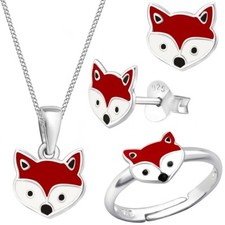 Fuchs Ohrstecker Halskette Ring 925 Silber Mädchen Kinder Kette Schmuck-Set
