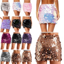 DE Damen Pailletten Glitzer Minirock Kurzer Rock hohe Taille Hüfte Wrap Halbrock