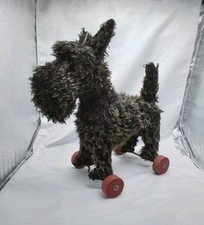 antik Schnauzer / Terrier Nachziehhund, Holzräder, Glasaugen, 26cm lang, schwarz