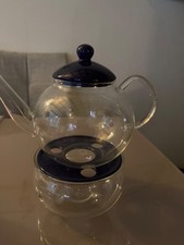 Tee-Kanne mit Stövchen, Deckel der Kanne und des Stövchens blau , Jenaer-Glas