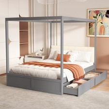 Himmelbett Holzbett Doppelbett 140x200 cm mit 2 Schubladen und Kopfteil Grau