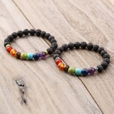 1er-2er SET Chakra Armband Regenbogen Hippie Lava Natur Beads Bunt Stein Yoga