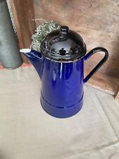 alte Emaille Kaffeekanne Kanne dunkelblau mit Schwarz Retro Shabby Chic