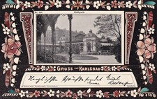 AK Gruss aus Karlsbad, Stadtpark, Jugendstilrahmen