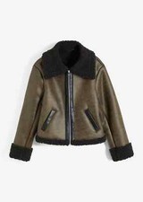 Stylische Lammfellimitat-Jacke Gr. 42 Oliv Schwarz Damen Leder-Jacke Mantel Neu*