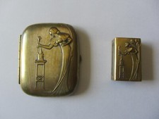 Zigarettenetui + Streichholzhalter Jugendstil Junge Frau Sekt Sektkühler