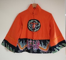 Damen Bluse Orange-batik Chinesisch Frosch Knopf Netz Leinen Gr. S wie neu