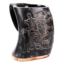 Hornbecher, Bierkrug mit Holzboden und Odin Motiv , Bierhumpen Krug Mittelalter