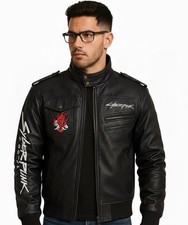 CYBERPUNK 2077 Stickerei Gaming SAMURAI Cosplay Bomber Leder Motorrad Jacke