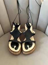 Italy Wedges Gr. 38 Leder Sandalen Schwarz Keilabsatz Kork mit Schnürung