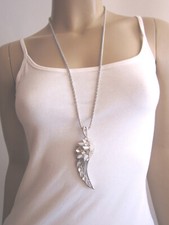 Damen Hals Kette Modeschmuck lang Modekette Strass Engel Flügel XL Silber Bling