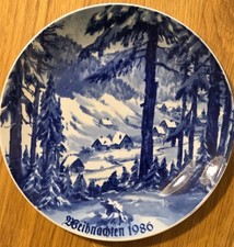 Lichte Weihnachtsteller 1986, GDR, Porzellan, Kobalt, 19 cm Durchmesser