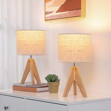 	2er Set Nachttischlampe aus Holz Stativ Tischlampe E27 Fassung vintage beige...