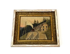 ANTIKE DAMPFLOK BAHNHOF SHABBY ÖLGEMÄLDE ALPEN 1900 SIGNIERT