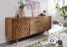 Sideboard Akazie 180x42x75 natur lackiert Holz Mosaik Muster Kommode Vintage
