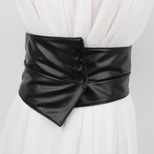 Damen Kunstleder Gürtel Korsett Bund Breit Schwarz Obi PU Retro Knopf Mode