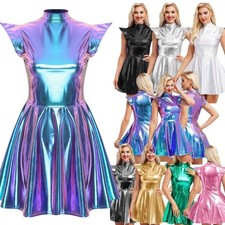 DE Damen Glänzend Metallisch Kurz Wetlook Dessous Partykleid Party Clubwear
