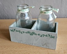 niedliches kleines Deko-Glas-Vasen-Paar im Holzkästchen, gebr.