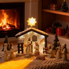 Krippenfiguren Set Weihnachtskrippe Mit Beleuchtung 13Pcs Handbemalt Krippe