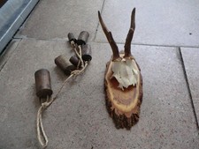 Alpendeko Landhaus-Deko Glocken Schellen + Geweih auf Holzplatte