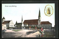 Ansichtskarte Altötting, Prozession an der Kirche, Marienbild 