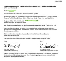 Gutschein DB Deutsche Bahn Freifahrt Flex 2. Klasse (Hin- und Rückfahrt)