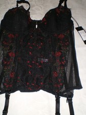 Corsage mit Blumenstickerei, Schwarz mit roten Blumen Größe 70 C