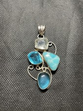 Larimar Mondstein & Türkis Sea Glass Sterling Silber  4 Stein Anhänger