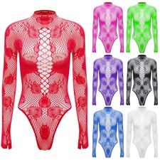 Damen Fischnetz Langarm Netz Stringbody Cutout Thong Leopard High Cut Clubwear