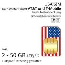 USA SIM im AT&T-Netz für Touristen und 2 GB - 50 GB LTE/5G  nach Wahl