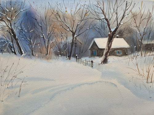 Winterdorf original aquarell - winterdorf,