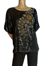 viktorianisch Seide Bluse Paillenten Shirt schwarz gold silber vintage 42 44