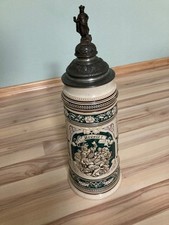 Riesiger Bierkrug antik Porzellan 2l mit Zinndeckel und 2 Statuen