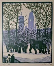CONRAD FELIXMÜLLER Original Holzschnitt handsigniert Nr. 46/55 Elefanten Berlin