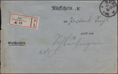 Rückschein des postamtes suhl - postamtes,